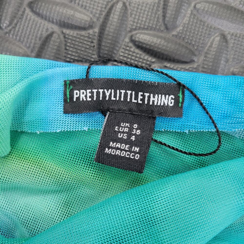 PrettyLittleThing Blue Green Mesh One Shoulder Ruched Maxi Dress US 4 Vacation - Picture 4 of 7